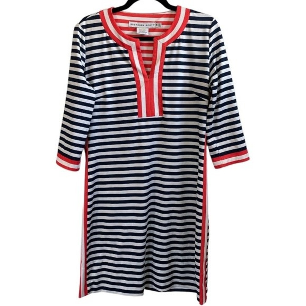 Gretchen Scott Navy and White Striped Tunic with Coral Trim, size M